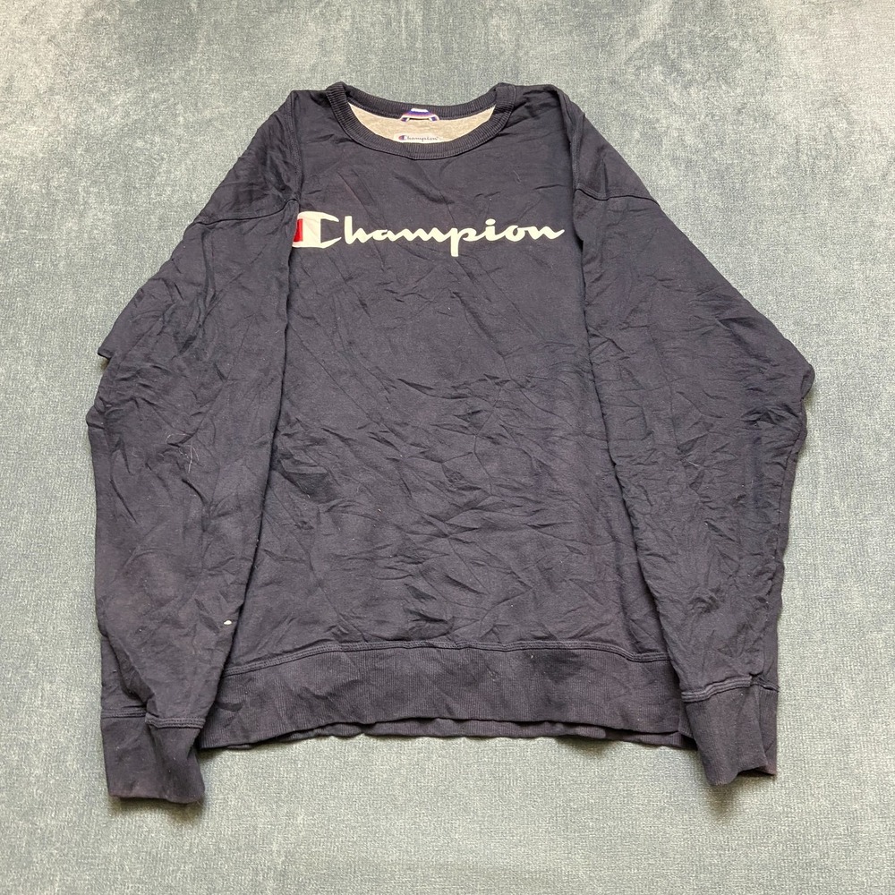 VTG Champion Sweatshirt Mens 2XL Navy Blue Logo Long Sleeve Crew Neck Pullover